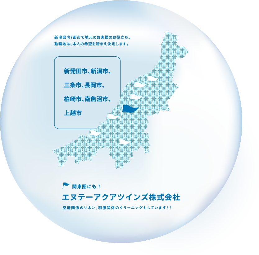 新潟県内7都市で地元のお客様のお役立ち。勤務地は、本人の希望を踏まえ決定します。 新発田市、新潟市、三条市、長岡市、柏崎市、南魚沼市、上越市 関東圏にも！エヌテーアクアツインズ株式会社 空港関係のリネン、制服関係のクリーニングもしています！！